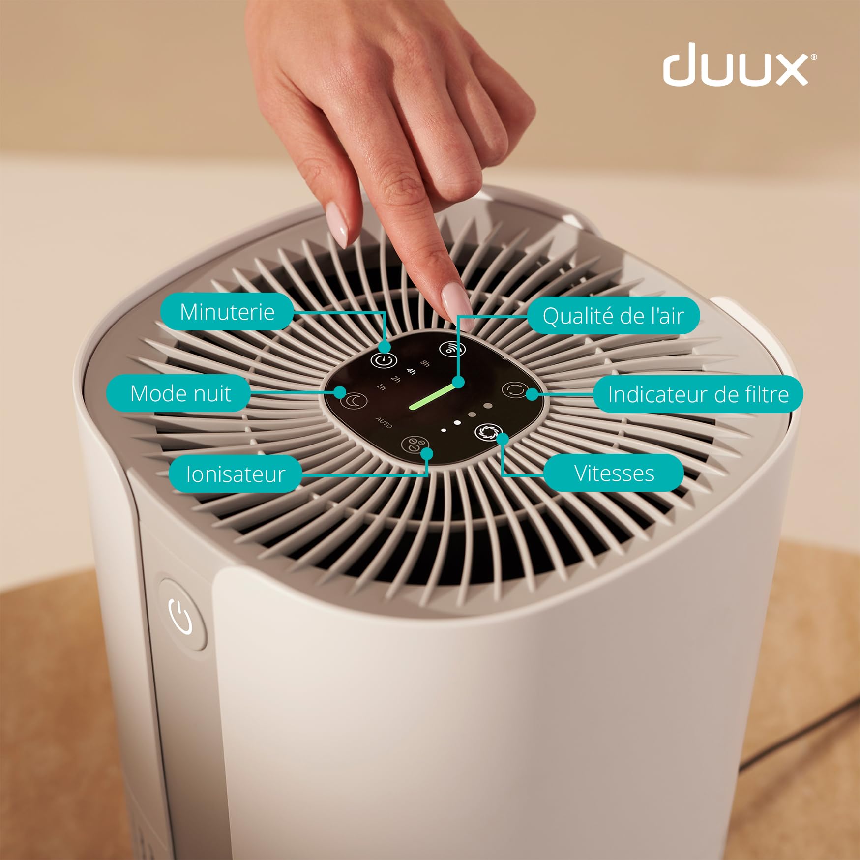 Duux Bright 2 Purificateur d'air intelligent - Purificateur d'air avec 210 CADR, indicateur de qualité de l'air et ioniseur - Nettoie jusqu'à 99,97% de la pollution jusqu'à 42m² - Blanc