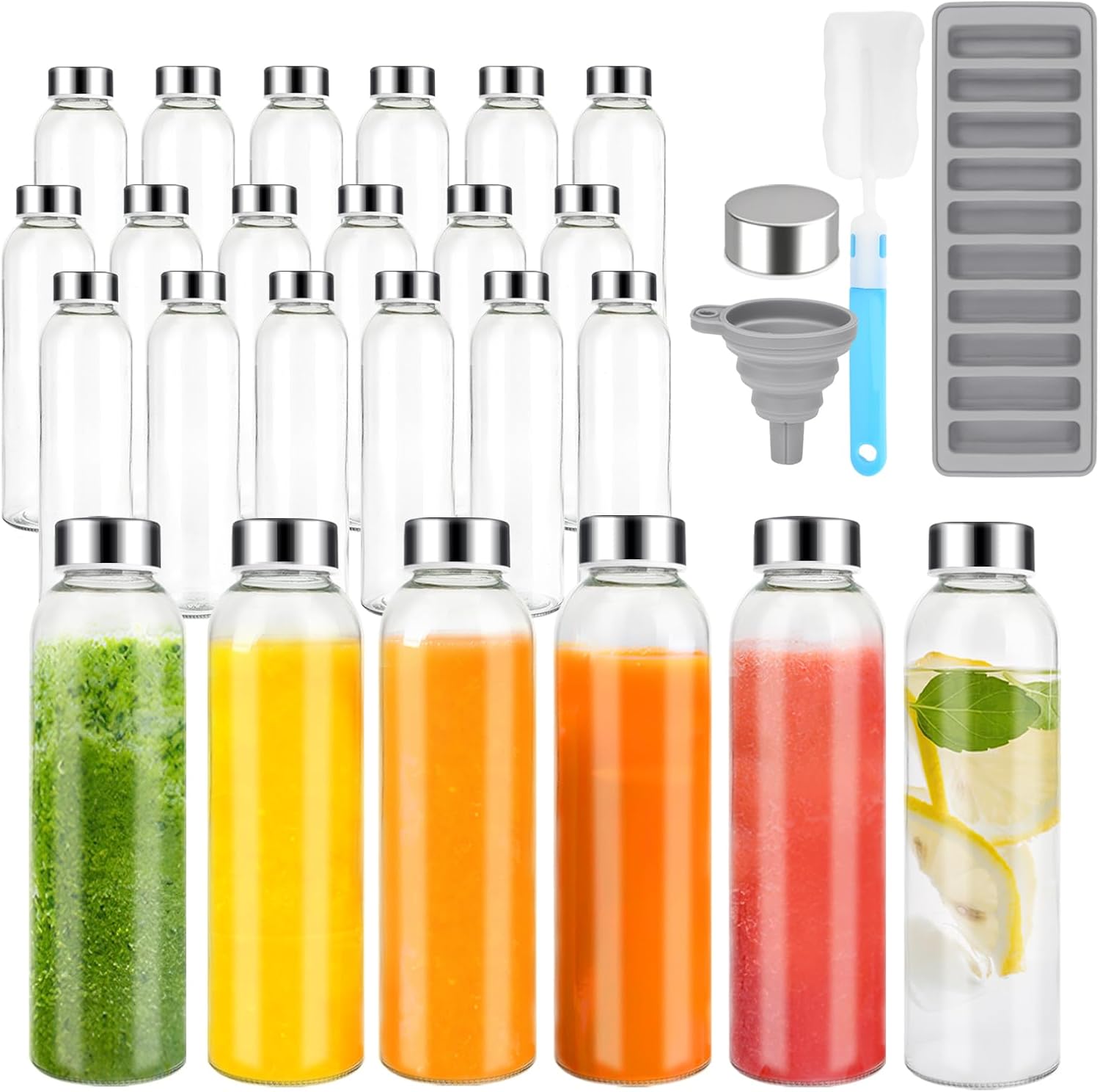 Zukro Glass Water Bottles with Lids 18 oz, 24 Pack Reusable Juice Bottles With Stainless Steel Airtight Cap for Juicing, Leak Proof Clear Drinking Jar Beverage storage container for Fridge, BPA Free Silver-24 counts 18 oz