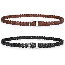 TRIWORKS 2 Pack Womens Skinny Braided Leather Belts Thin Woven Waist Belts for Jeans Pants Dresses