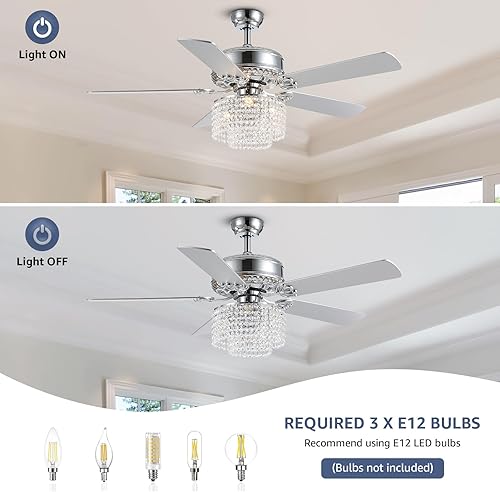 Miniatura 8 de CROSSIO 52 Inch Crystal Ceiling Fan with Light and Remote Control, Modern Chandelier Fan with 5 Reversible Wood Blades Chrome Fandelier for Living