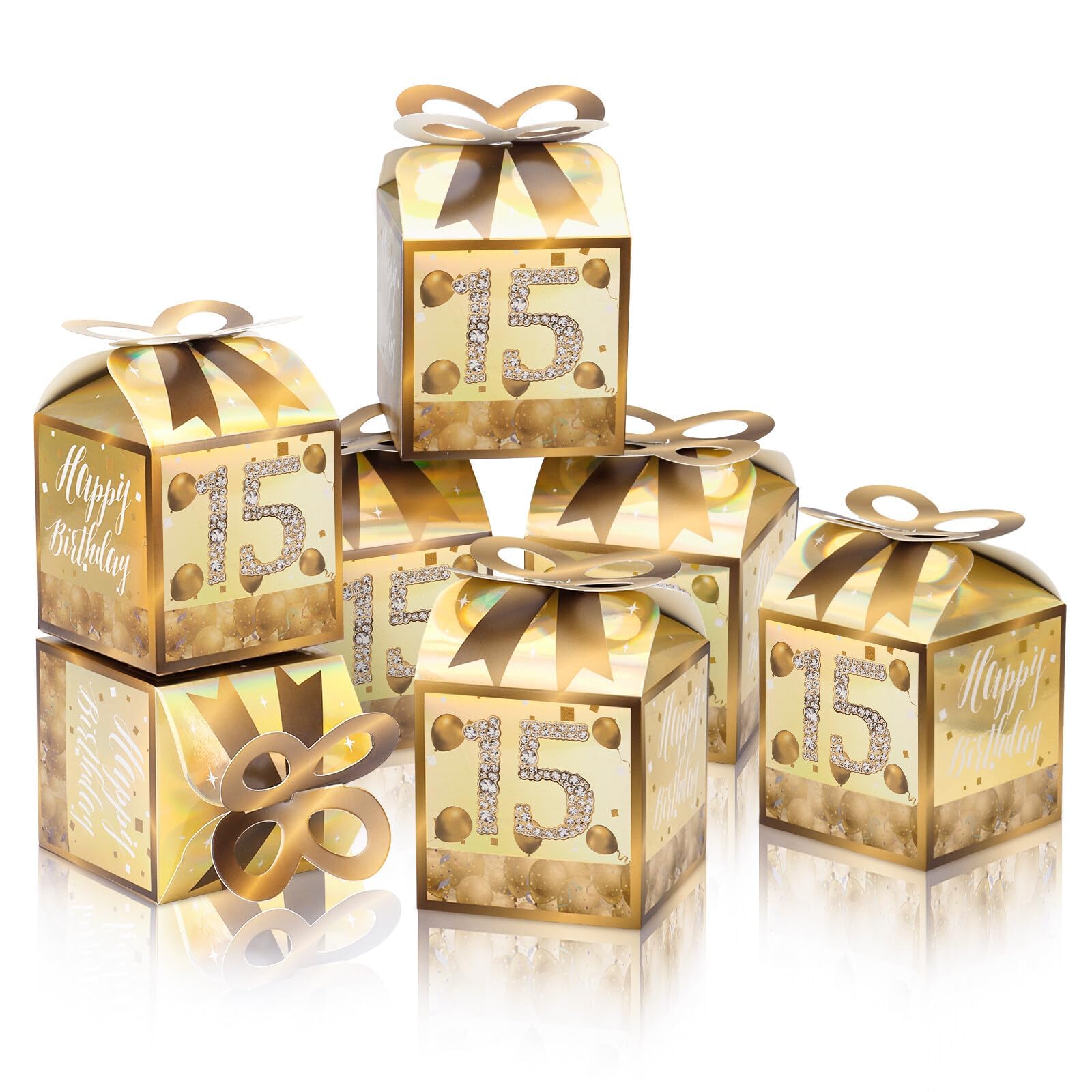50 cajas de cumpleaños número 15: bolsas doradas para quinceañera dulce de fiesta | Cartón, diseño dorado, dulces y golosinas, mesas de postre, fiestas de quinceañera, recuerdos de invitados, fácil montaje