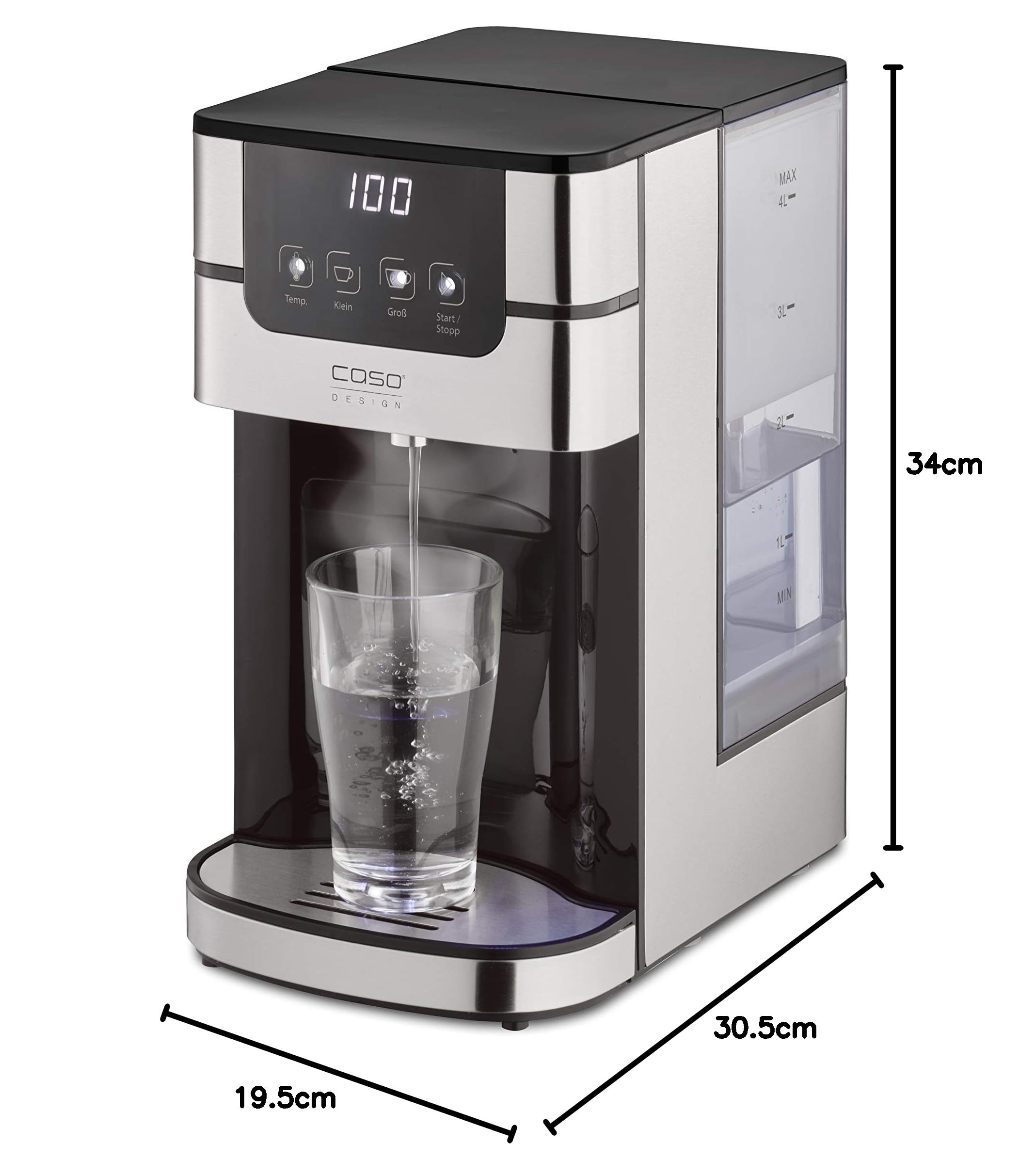 CASO PerfectCup 1000 Pro - Dispenser di acqua calda Turbo in pochi secondi, 2600 W, serbatoio dell'acqua rimovibile da 4 litri, regolabile da 70 a 100 °C, ideale per cucine da ufficio e buffet