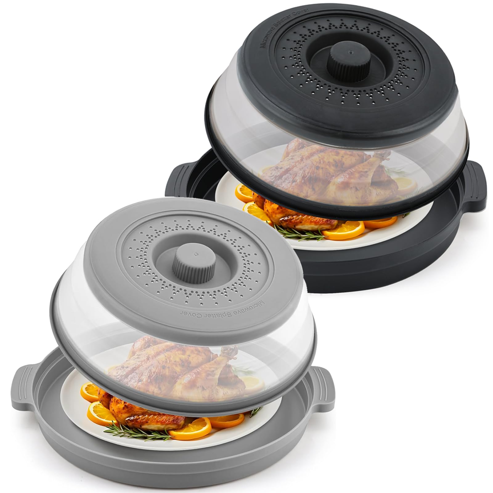 Photo 1 of [PARTIAL SET: ONLY 1PC] Microwave Splatter Cover for Food with Anti-scald Base Plate,Large Plastic & Silicone Vented Avoid Scalding Collapsible Guard Lid, Plate & Kitchen Colander for Meal Prep-10.7 Inch (2pcs-Gray-Black)