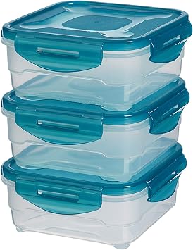 Amazon Basics Food Storage Containers with Lids, Freezer Storage Boxes, 3-Piece Airtight, Air-Locked Leak-Proof, Stackable, BPA-Free Plastic, Microwave and Dishwasher Safe, 3 x 0.8 L, Clear