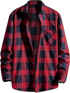 Men's Long-Sleeve Flannel Shirt Regular Fit Checked Button Down Shirts Classic Fit Standard Collar Two Pocket Snap Poplin Tops