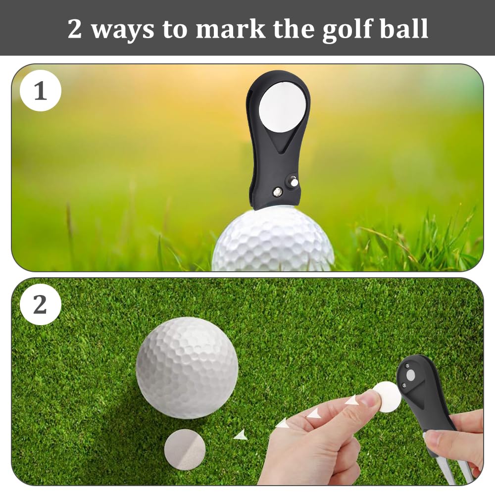 Herramienta de reparación de divot de golf, horquilla de lanzamiento de golf de acero inoxidable con botón desplegable y marcador de bola magnético, herramienta de divot ligera y plegable, para