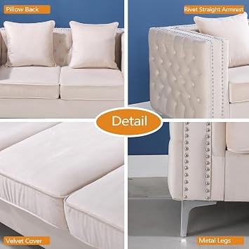 Hybition Velvet Loveseat - Mid-Century Modern Sofa, Button-Tufted Couch with Metal Legs for Living Room Beige/Sofa