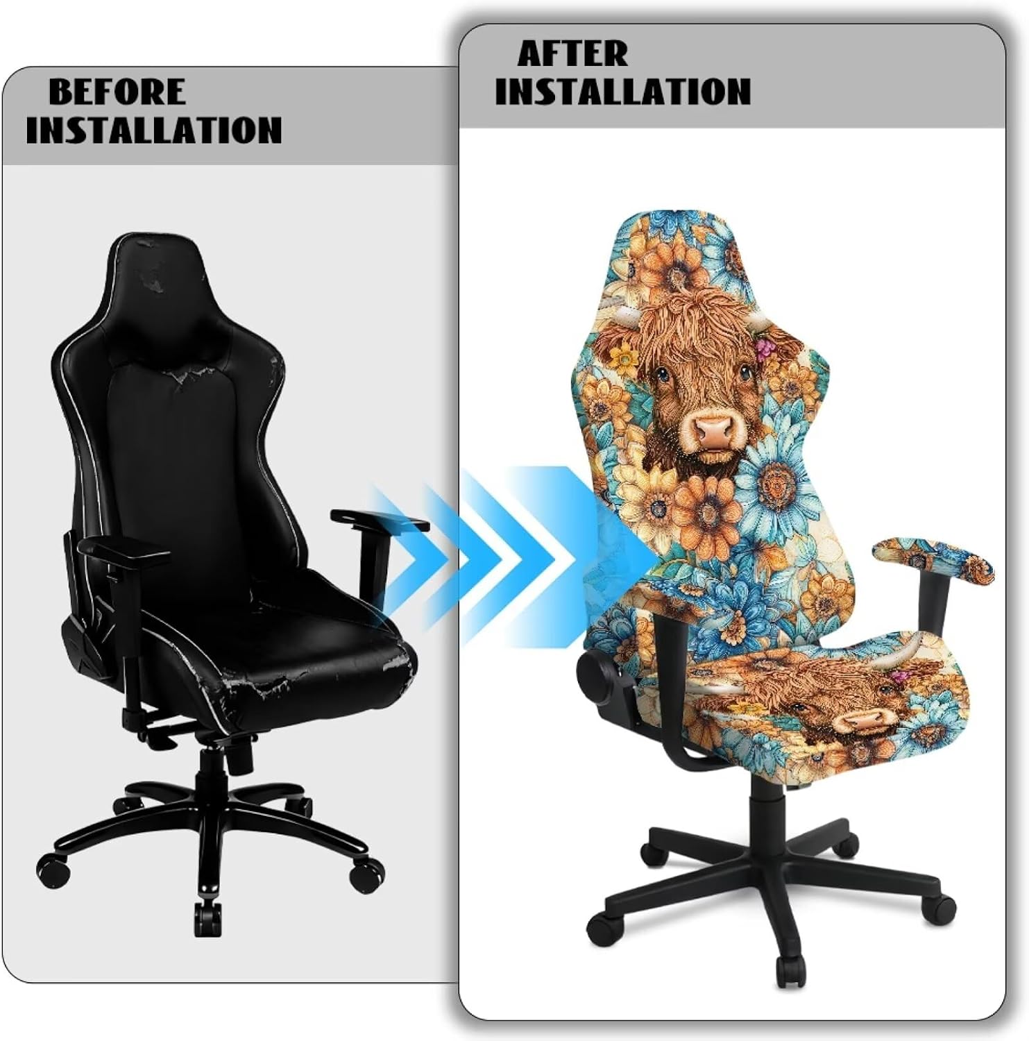 Highland Cow Bohemian Flower Print Stretchable Gaming Chair Covers with Armrest Covers Non-Slip Computer Armchair Slipcover Washable Desk Chair Decor Slipcover