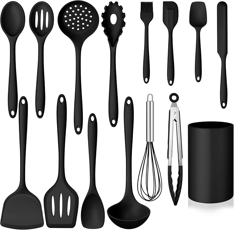 Silicone Cooking Utensil Set, 15pcs Kitchen Utensils with Holder | Black Silicone Spatula Set for Nonstick Cookware, Heat Resistant up to 446ºF, Nontoxic Baking Kitchen Tools, Dishwasher Safe