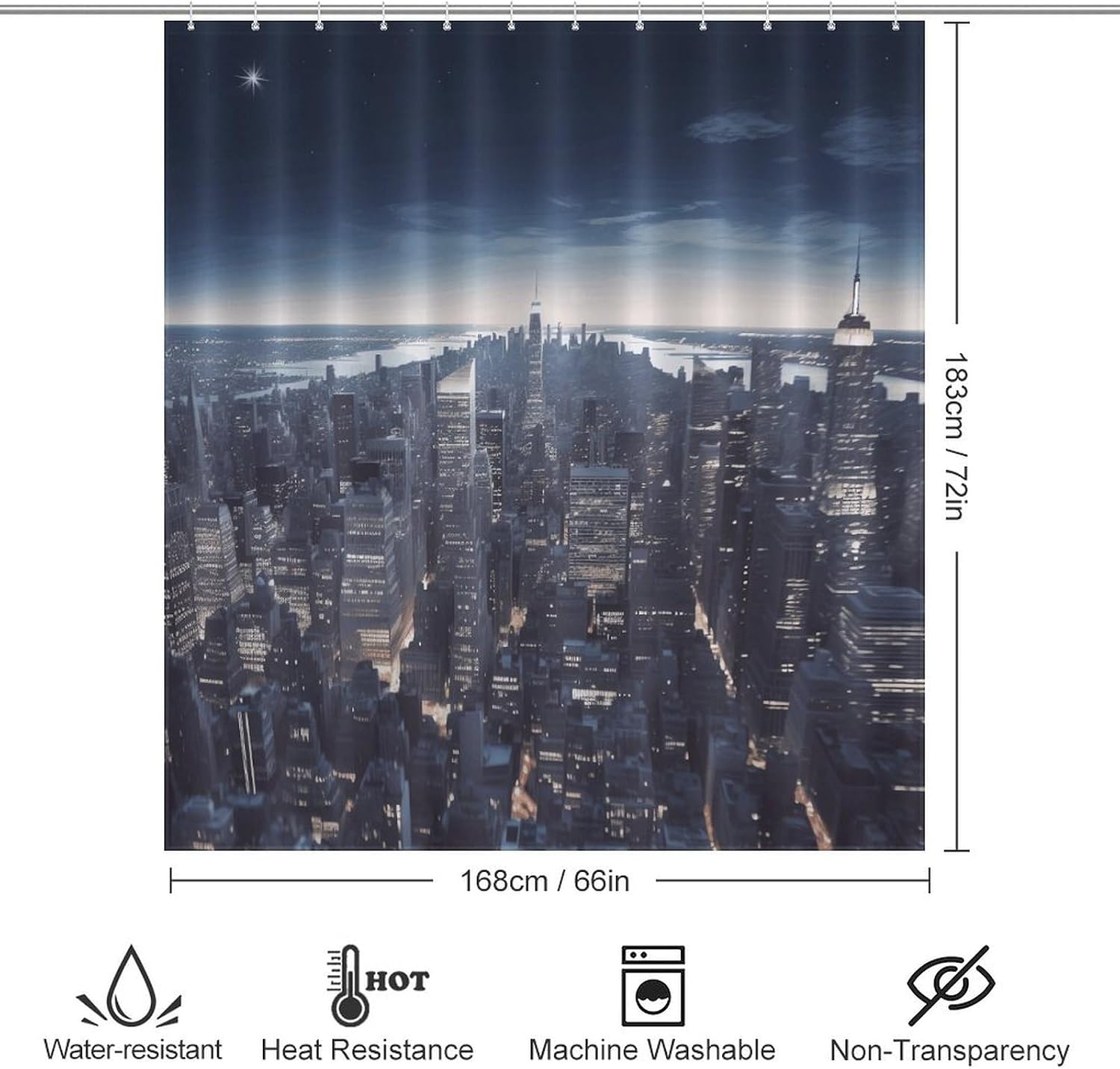Shower Curtains Liner, New York City Printed Waterproof Fabric Shower Curtain Liner Bath Curtain with Rust Proof Grommets 72x72 Inches
