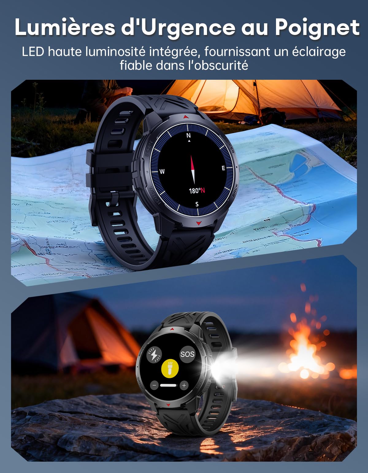 Montre Connectée Hommeb - Batterie de 1100mAh/30 Jours, 1,7'' Smartwatch Militaire avec Torche/Boussole/3ATM Étanche/Cardiofrequencemetre/SpO2/Sommeil/Podometre pour Android iOS, Noir