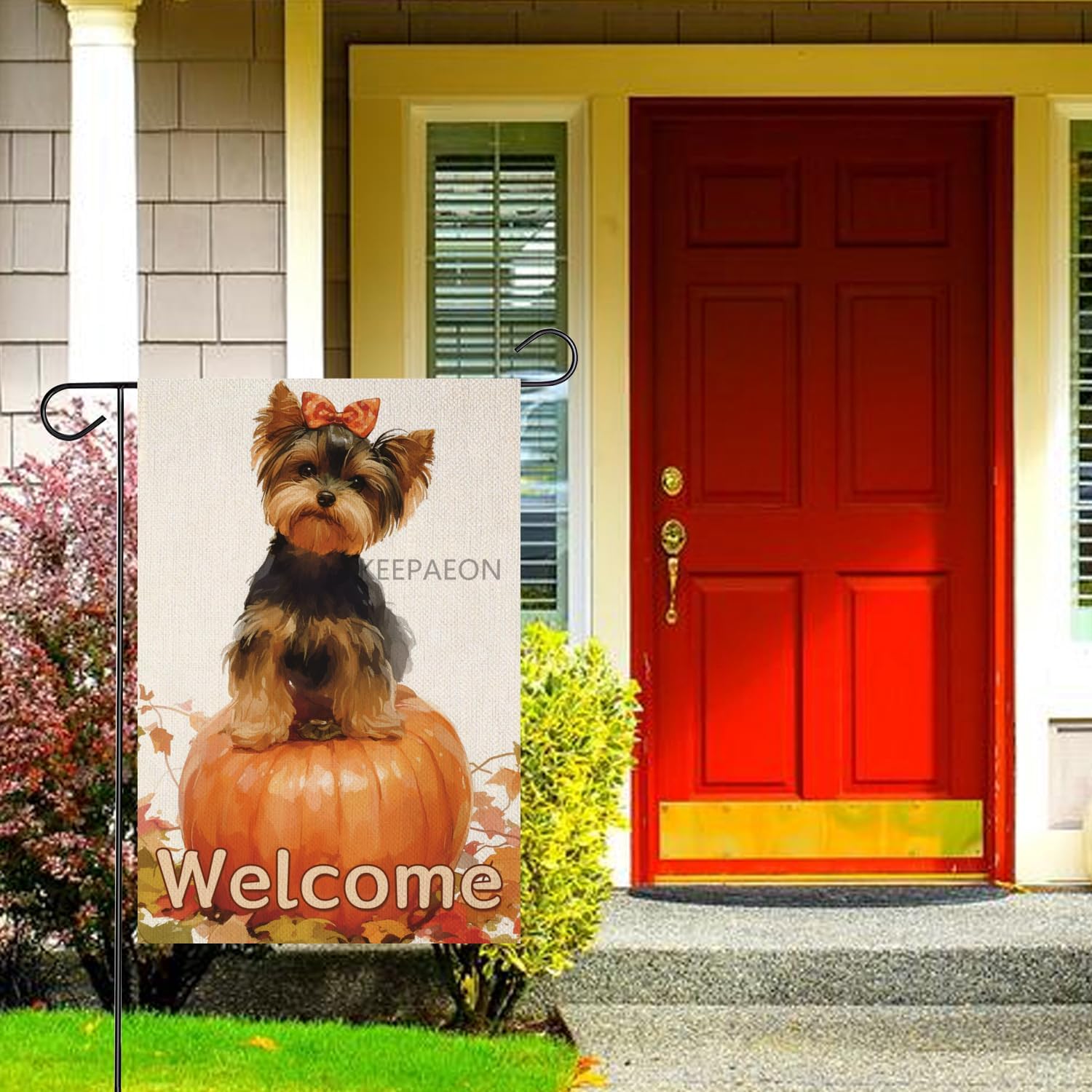 12x18 In Welcome Fall Yorkie Pumpkin Linen Garden Flag, Autumn Thanksgiving Maple Leaves House Yard Outside Decorations Outdoor Small Decor (1278) - Image 4