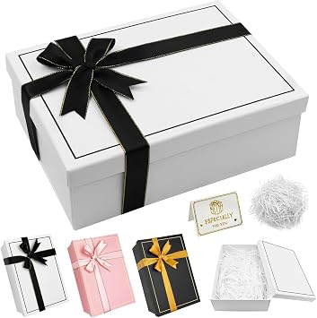 Gift Box, Gift Box with Lid 25x18.5x8.8cm with Lids & Ribbon Gift Boxes Large Closure Party Present Boxes Designed for Christmas, Weddings, Valentine's Day, Present Birthdays White