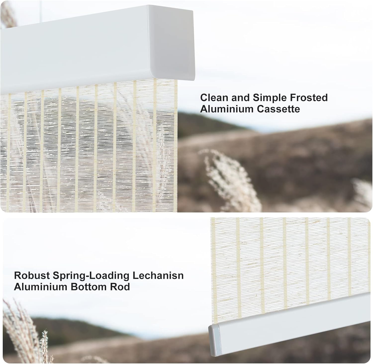 Natural Bamboo Look Cordless Blinds with Cassette, Free-Stop Shades & Blinds, Light Filtering Roller Shades for Home, Roller Window Shades, Door Blinds for Windows, Cream, 23" W x 72" H