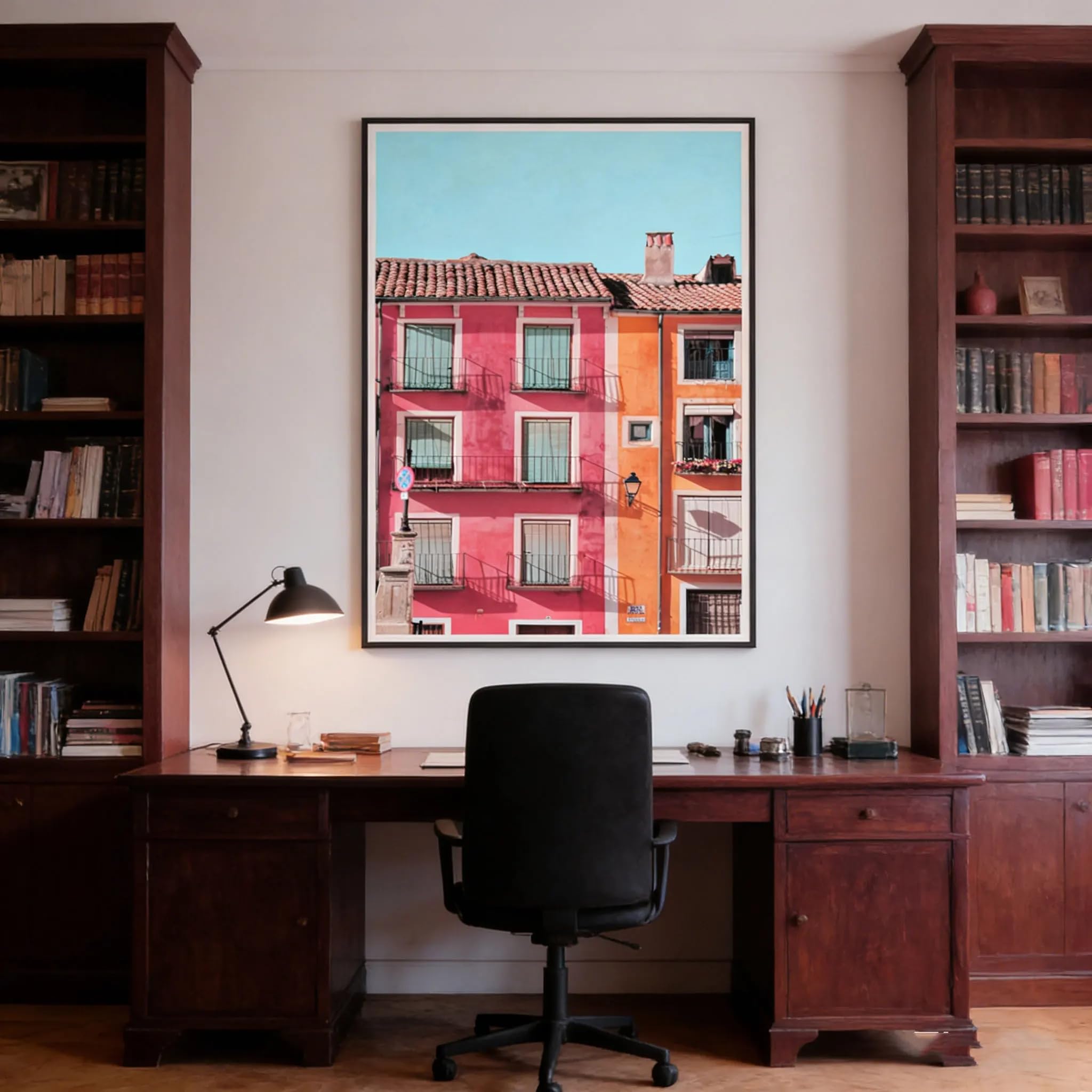 SDVIB Vibrant Spanish Town Colorful Facade Canvas Prints - Pink & Orange European Architecture Art for Living Room Decor(50x70cm/Frameless)