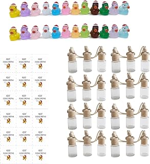 24 Set Hanging Car Air Freshener Car Diffuser Bottles Bulk Christmas Empty Glass Perfume Bottle Pendant with Fluorescent Ducks and Merry Ducking Christmas Labels for Essential Oils Fragrance