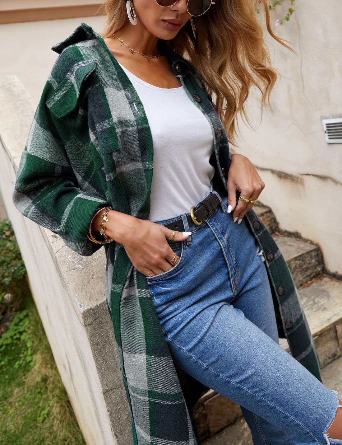 Sukany Lässiges Damen-Hemd mit Revers, Wollmischung, lang, kariert, Knopfleiste, langärmelig, Jacke