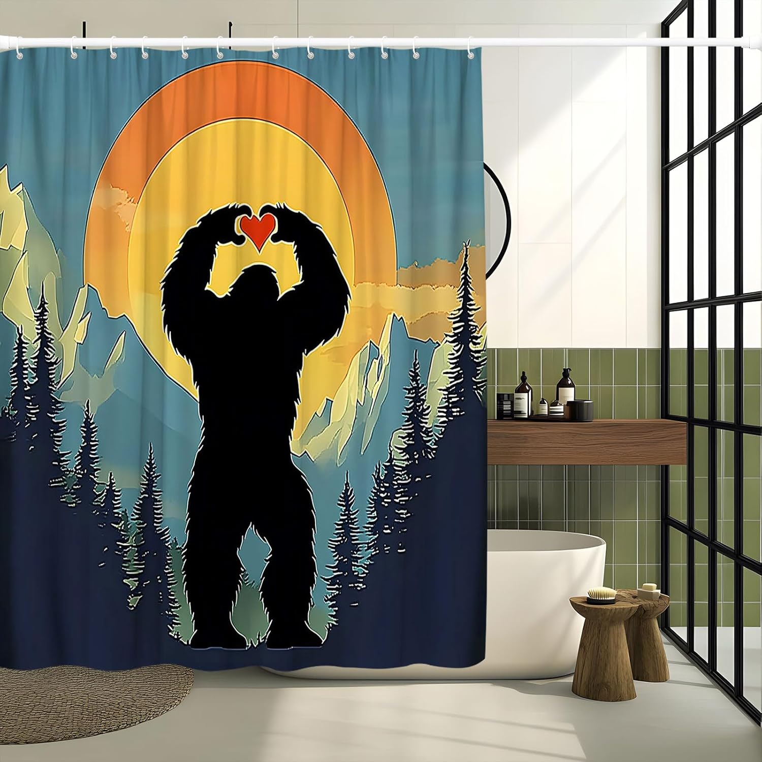 Funny Monkey Shower Curtain Rustic Mountain Sunrise Cool Wild Animal Silhouette Shadow Nature Mens Decorative Curtain with Polyester Fabric
