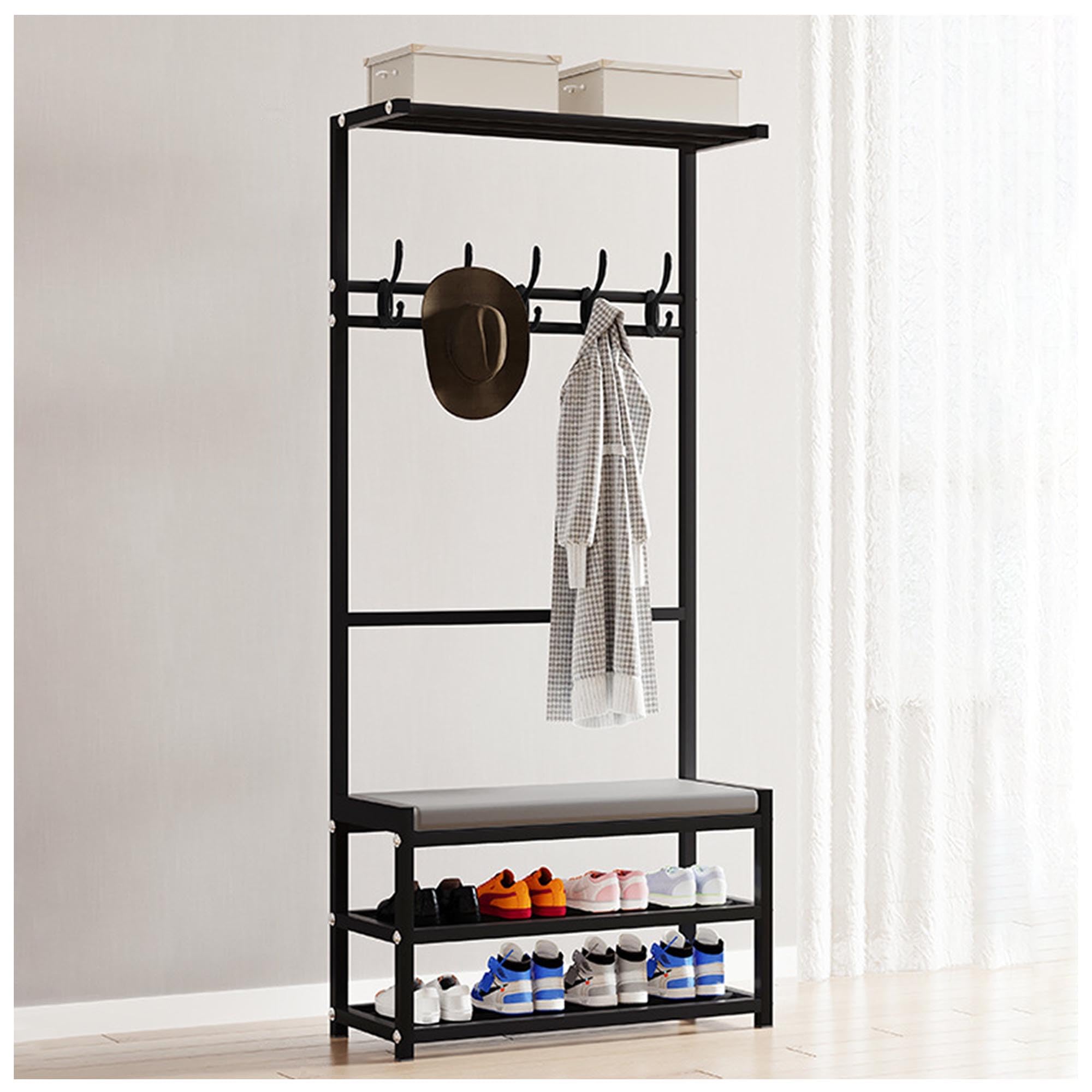 MYUYEE Entryway Bench With Coat Rack, 4-In-1 Hall Tree With Soft Cushion Storage Bench, Shoe And Coat Rack Freestanding, Multifunctional Home Orga(Black-60X26X160Cm)