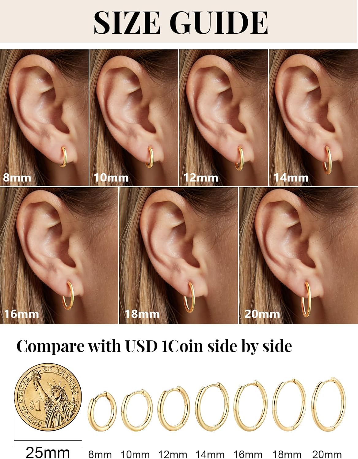 Silvora 14K Gold Plated Huggie Hoop Earrings for Women, Small Sterling Silver Hoops, Hypoallergenic Cartilage Earrings for Sensitive Ears 8/10/12/14/16/18/20MM
