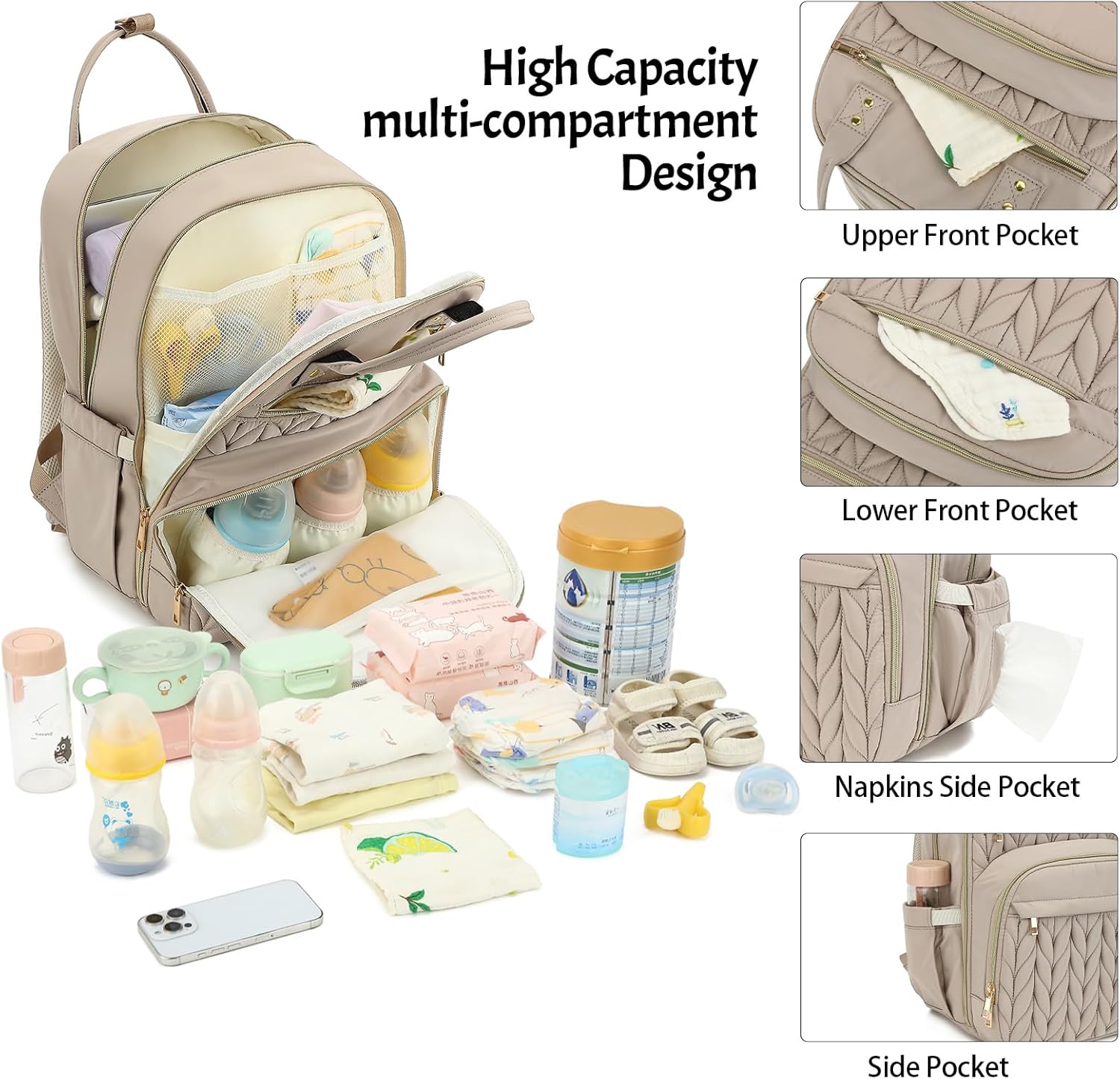 Diaper Bag Backpack, Lightweight Baby Diaper Bag for Moms with Insulated Pocket, Stroller Straps & Wet Dry Pocket (Beige)