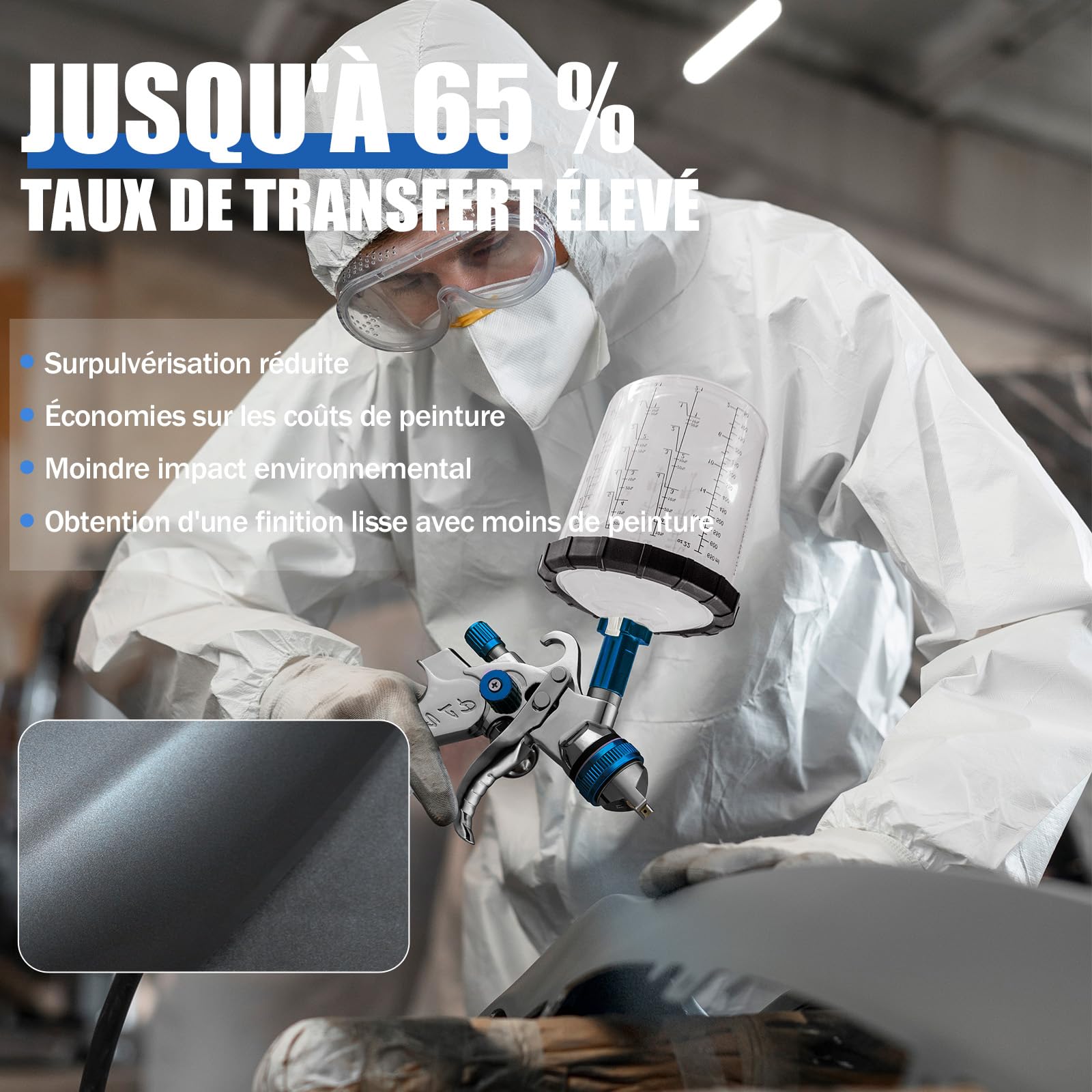 HVLP Pistolet à air, Kit de qualité supérieure avec buses de 1,4/1,7/2,0 mm et régulateur de pression d'air et 10 gobelets mélangeurs de 650 ml pour automobile, bleu argenté
