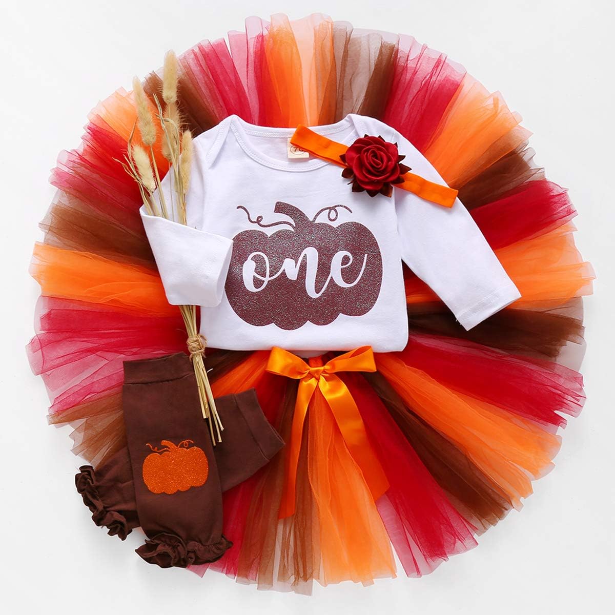 HAPPYMA Baby Girl One 1st Birthday Outfits Pumpkin Long Sleeve Romper Tulle Tutu Skirt Headband Fall Clothes Set