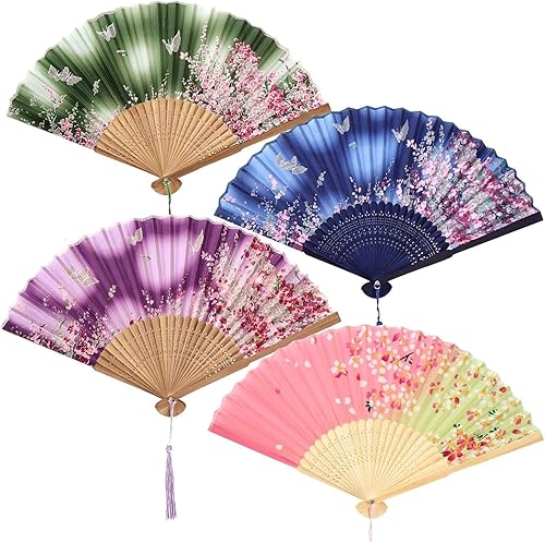 JOHOUSE 4 abanicos plegables de tela floral con borla, elegantes abanicos de boda para invitados, ventilador plegable chino, ventilador de mano