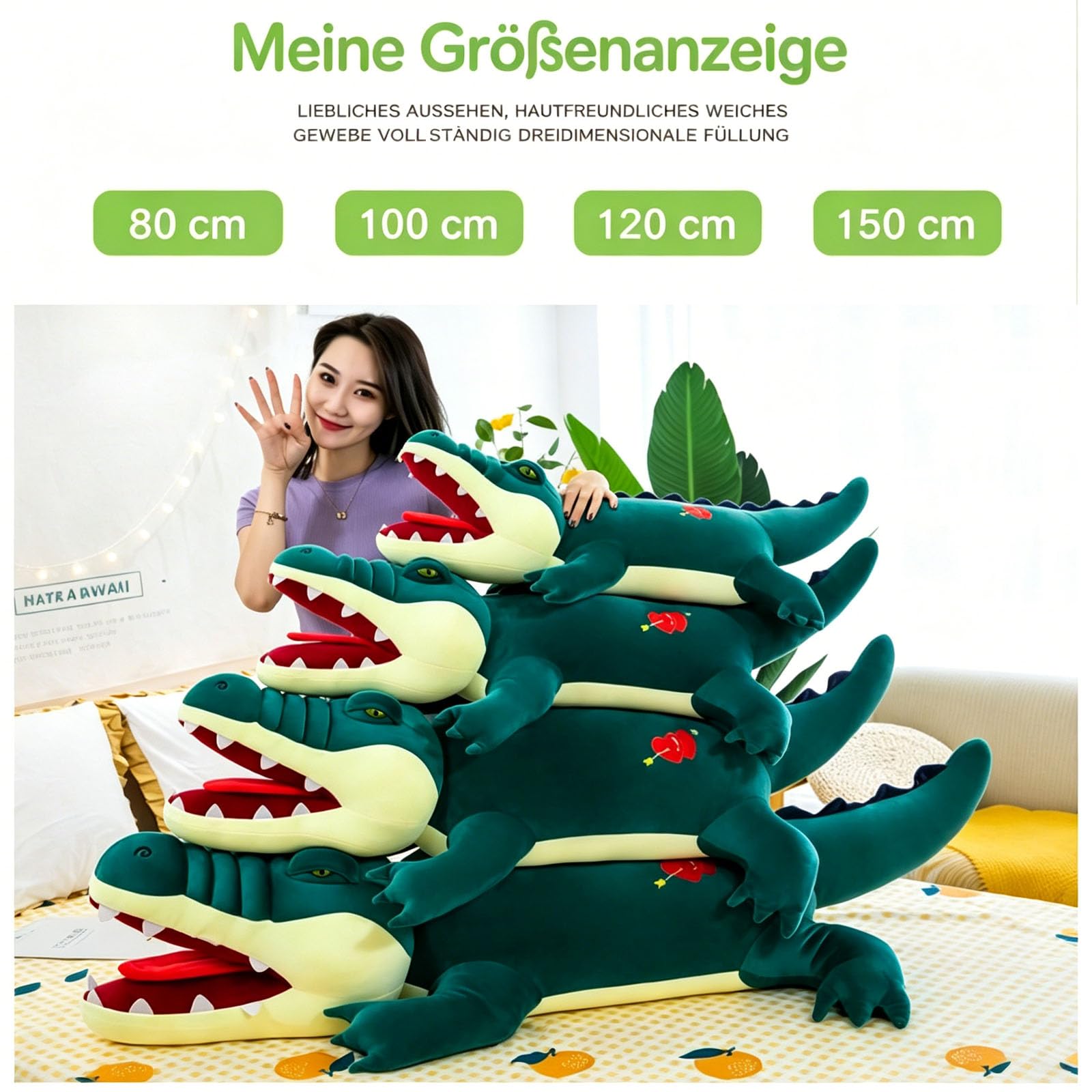 Riesen Krokodil Kuscheltier XXL, groß Grün Krokodil Stofftier Plüschtier mit offenem Maul, Krokodilkissen Plüschtier, Lustige Alligatoren-Plüschtiere Geschenk für Jungen und Mädchen (120cm,Grün)