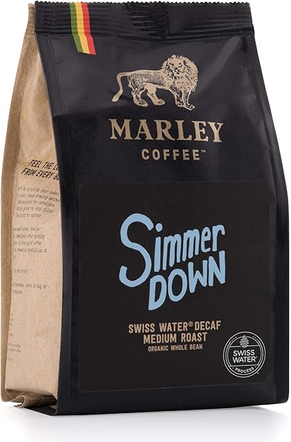 Simmer Down Swiss Water Decaf Medium Roast Organic Decaffeinated Coffee Beans, Marley Coffee, From The Family of Bob Marley, 227g