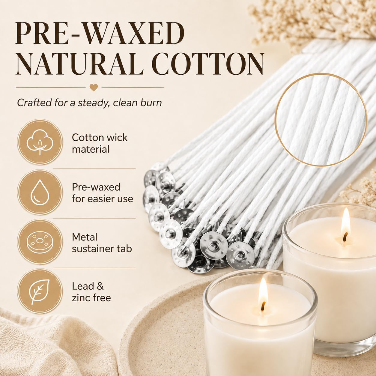 8 Inch Candle Wicks - 100 Pcs Extra Long Cotton Wicks with 10 Wooden Holders image 4