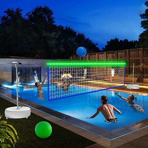 Juego de red de voleibol de piscina con luces LED, red de voleibol de energía solar con longitud ajustable de 15 pies a 32 pies para piscinas