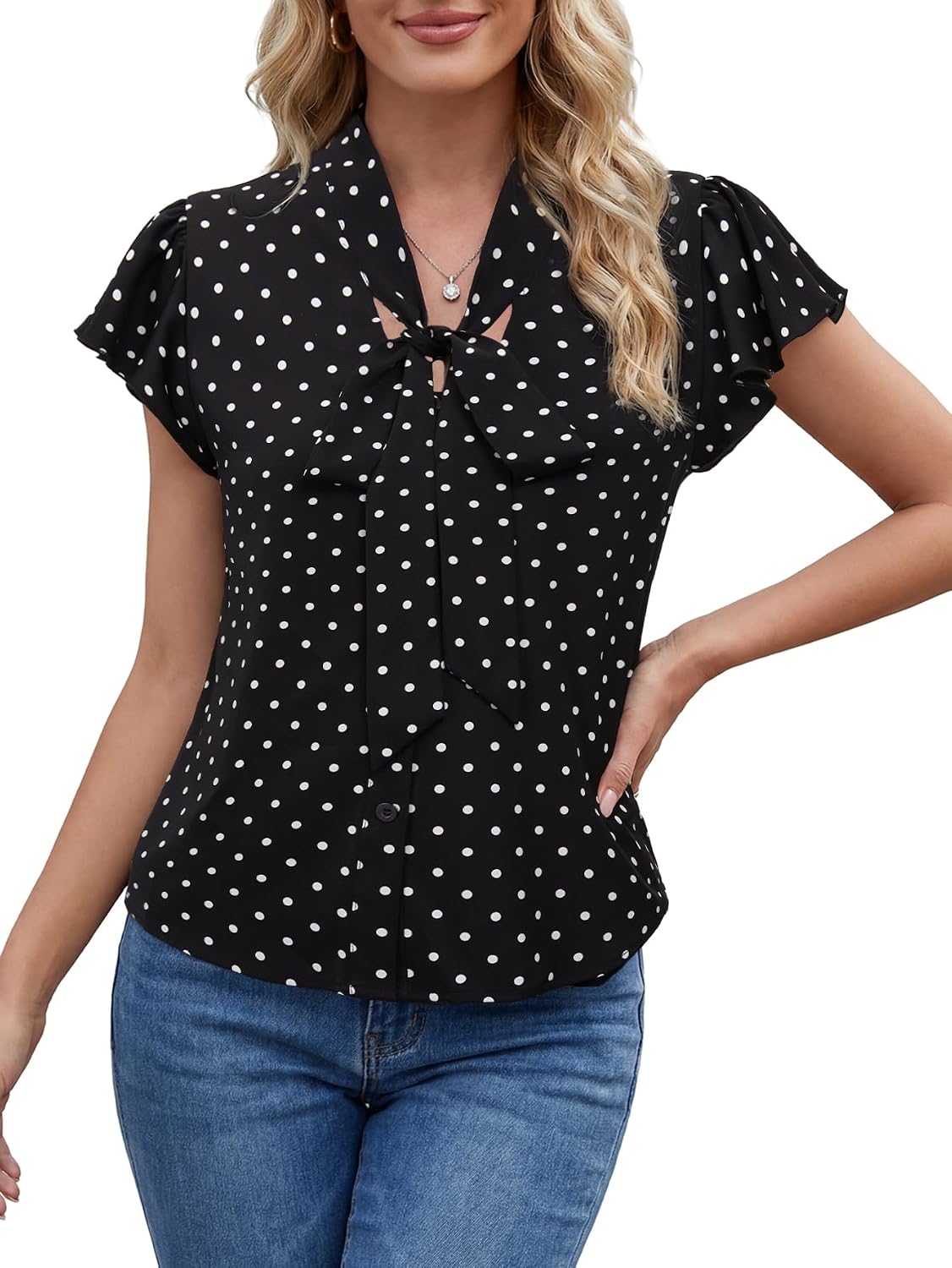 LYANER Women's Bow Tie Neck Ruffle Short Sleeve Button Down Business Casual Blouse Tops