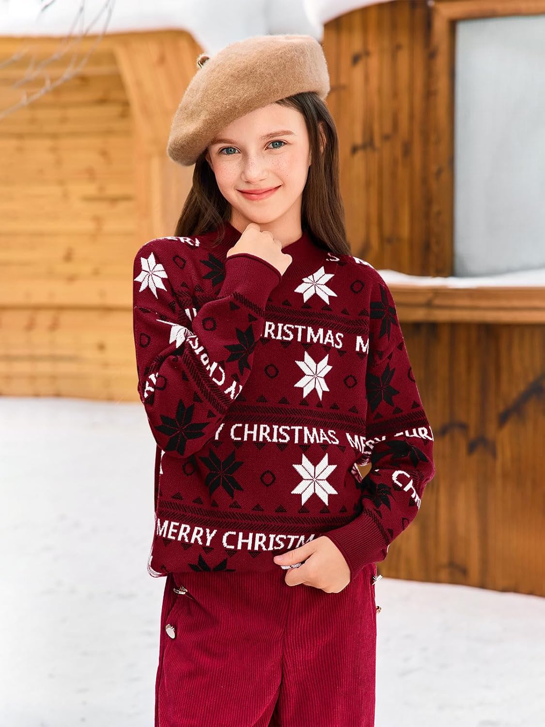 Haloumoning Girls Christmas Sweaters Kids Mock Neck Long Sleeve Pullover Sweater Knit Jumper Tops 5-14 Years - Image 3