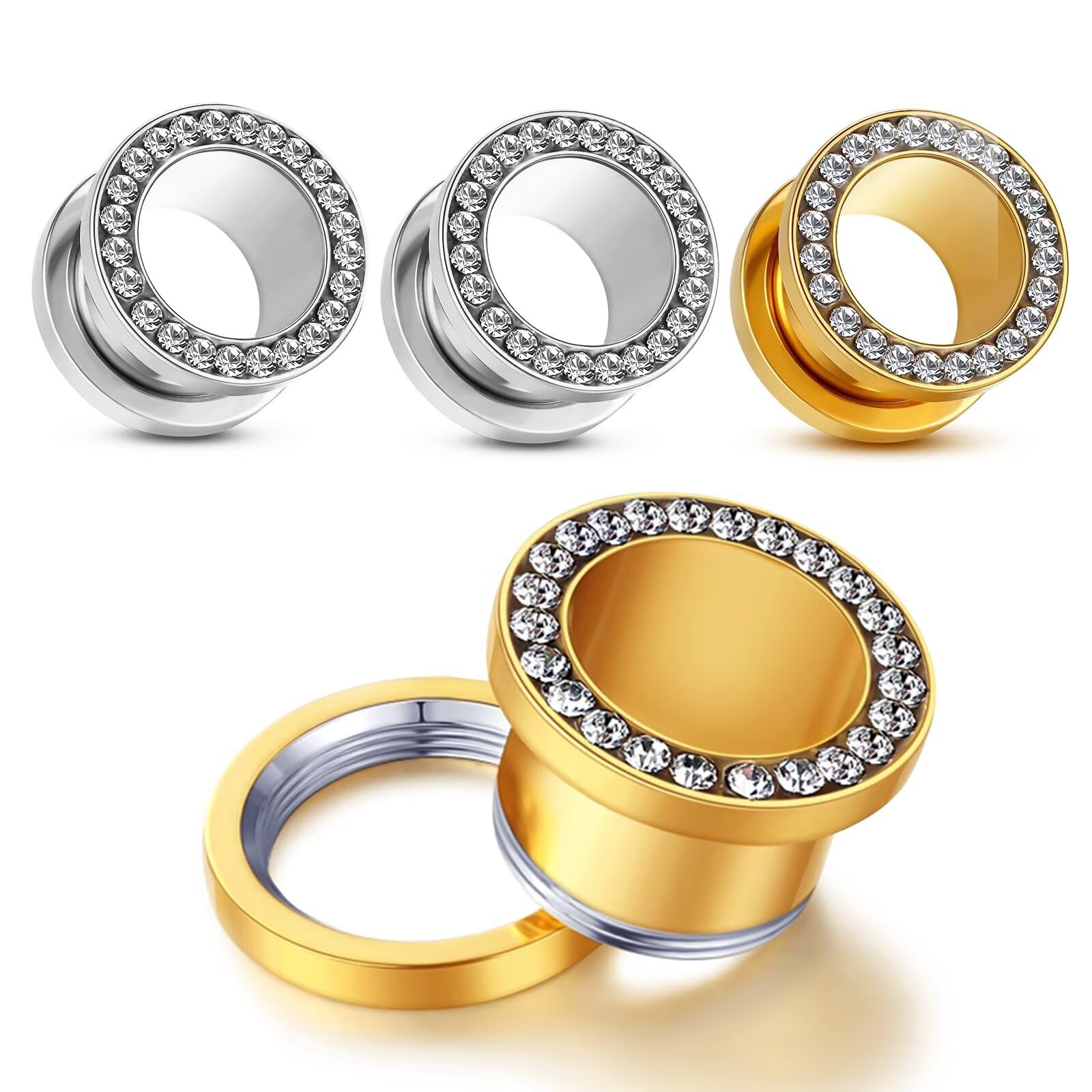 WPGLOOK 4Pcs Ear Gauges Tunnels Plugs: 316L Stainless Steel Ear Piercing Expander with CZ for Women Men