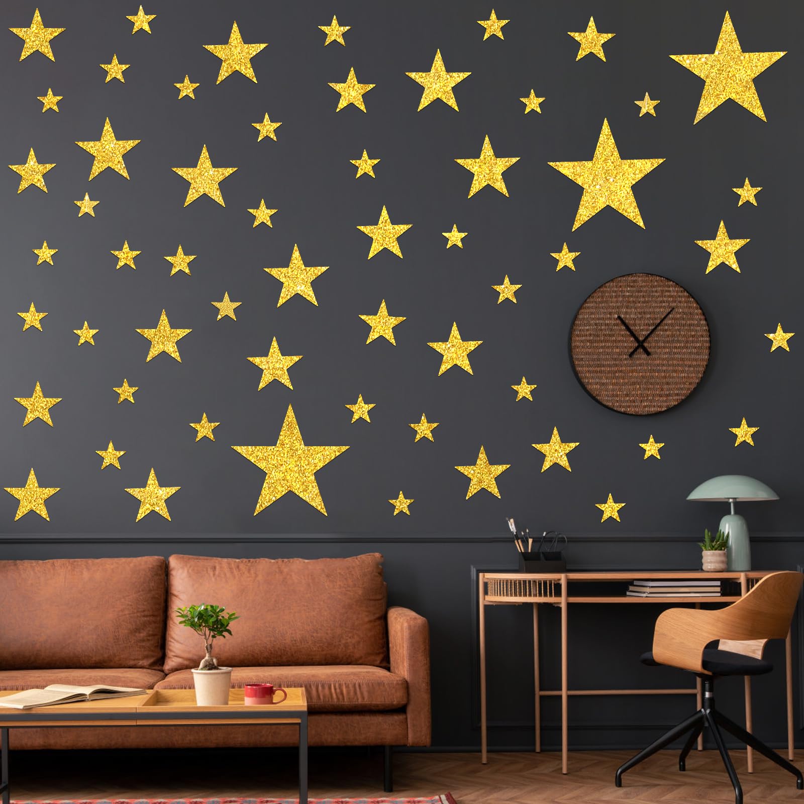 Stickers muraux étoiles dorées, lot de 3 feuilles amovibles pour chambre d'enfant