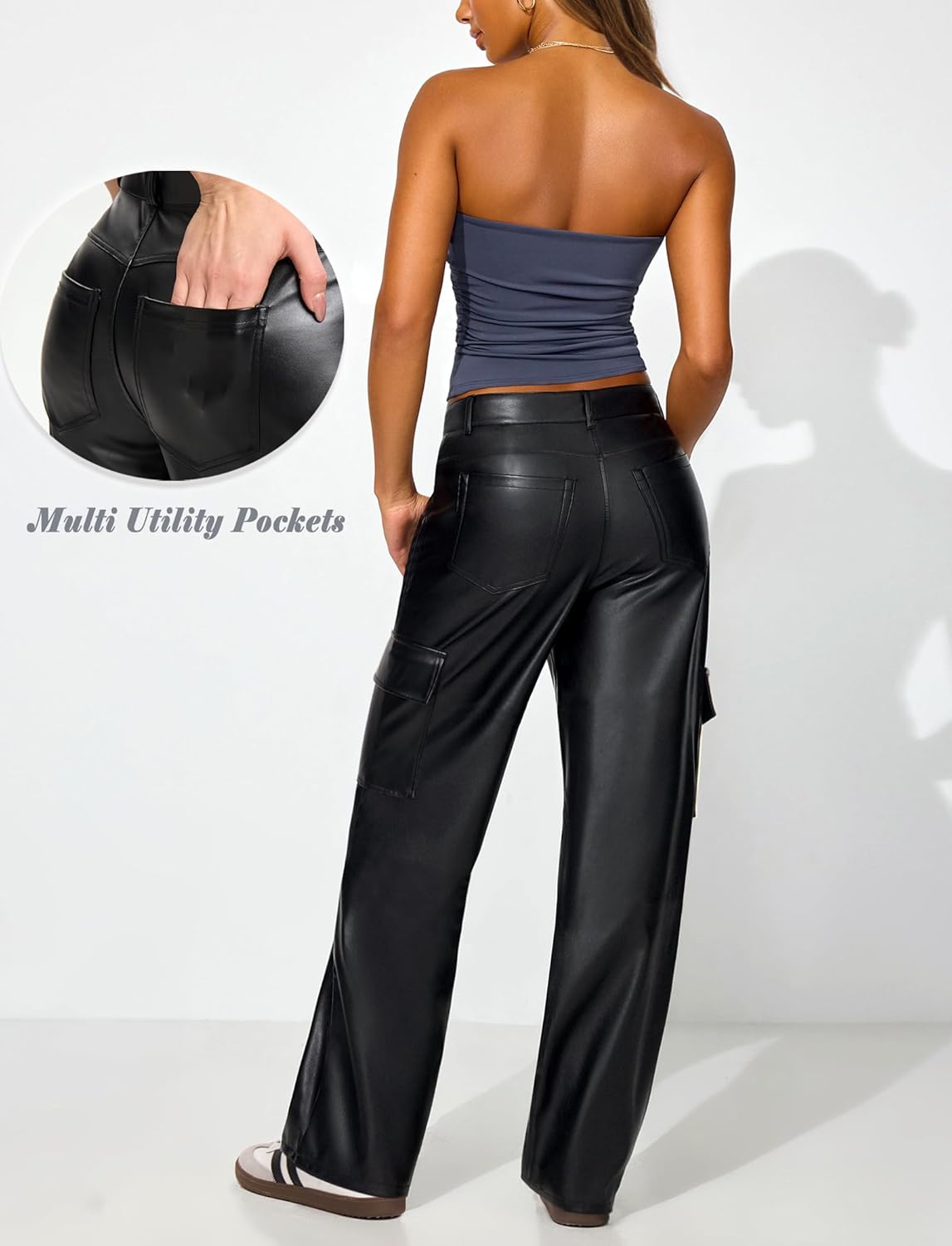 OZICERD Black Faux Leather Pants for Women High Waisted Flare Cargo Pants Y2k Straight Wide Leg Pleather Pants with Pockets - Image 4