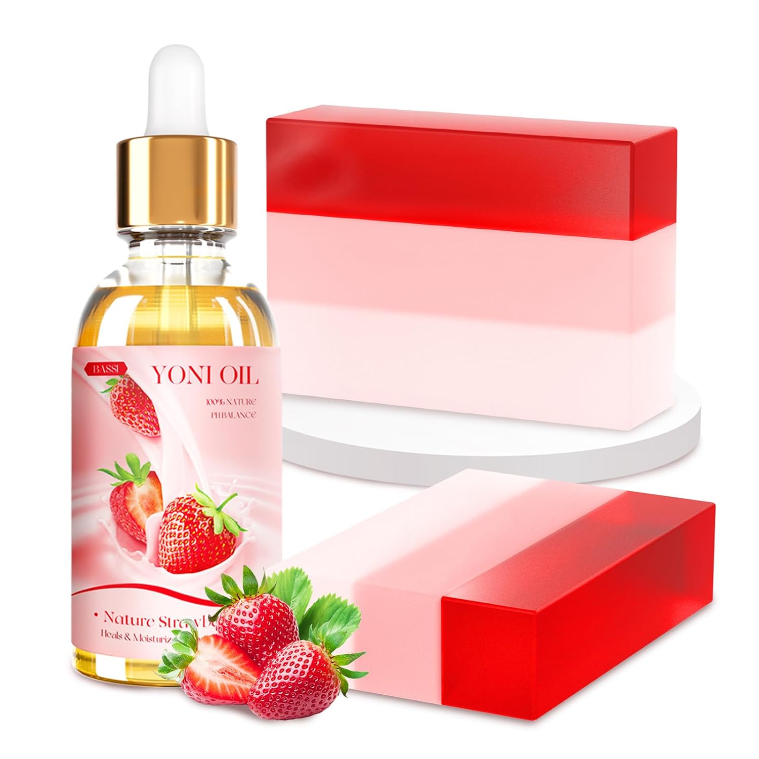 Conjunto de Sabonetes Yoni e Óleo Natural Yoni, Lavagem Vaginal Natural para Mulheres com pH Balanceado e Eliminação de Odor – Óleo Feminino de Morango 30ml/28g, 2pcs 100g