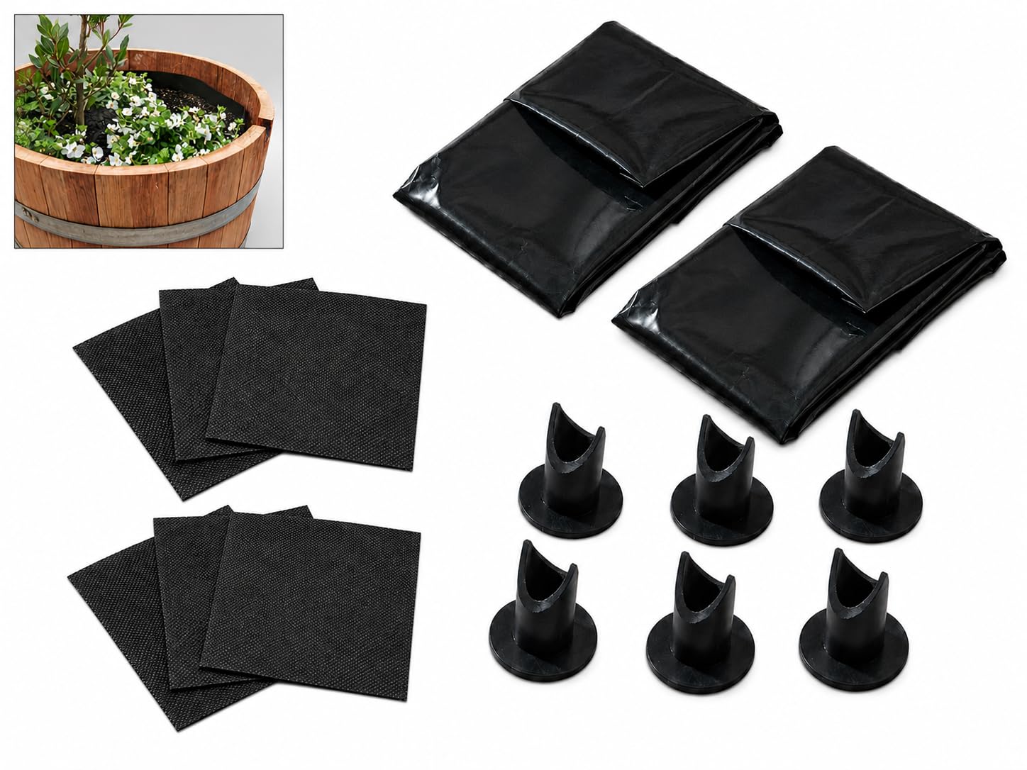 OAKENZ Half Barrel Planter Liner Kit (2 Pack) – Wine & Whiskey Barrel Planter Liner Bags with Drain Tubes & Mesh – Heavy-Duty 100 Micron Plastic Liners for 25-29 in Diameter Half Barrel Planters (2)