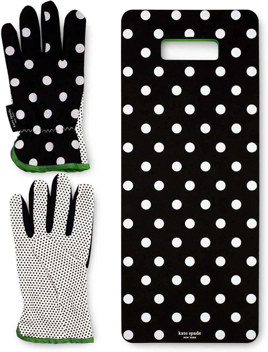 kate spade new york Garden Kneeler and Gloves Set, Picture Dot | Cute, One Size Fits Most Yard Gloves with Rubber Grips and Thick Foam Knee Pad for Hobby or Backyard Gardening