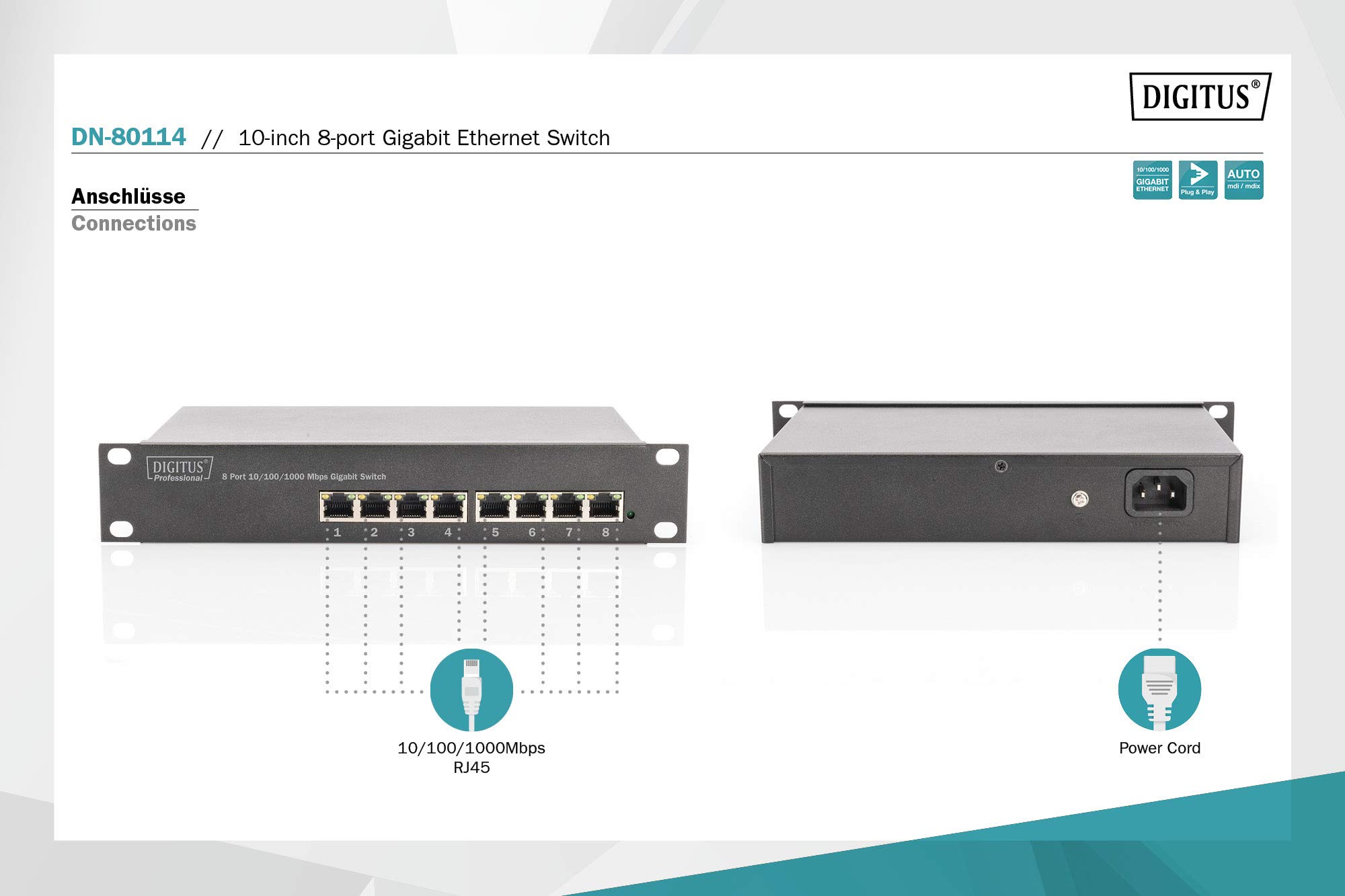DIGITUS Conmutador de Red Gigabit Ethernet - 10 Pulgadas - 8 Puertos - No gestionado - Backplane 16 Gbps - Auto MDI/MDI-X - Negro