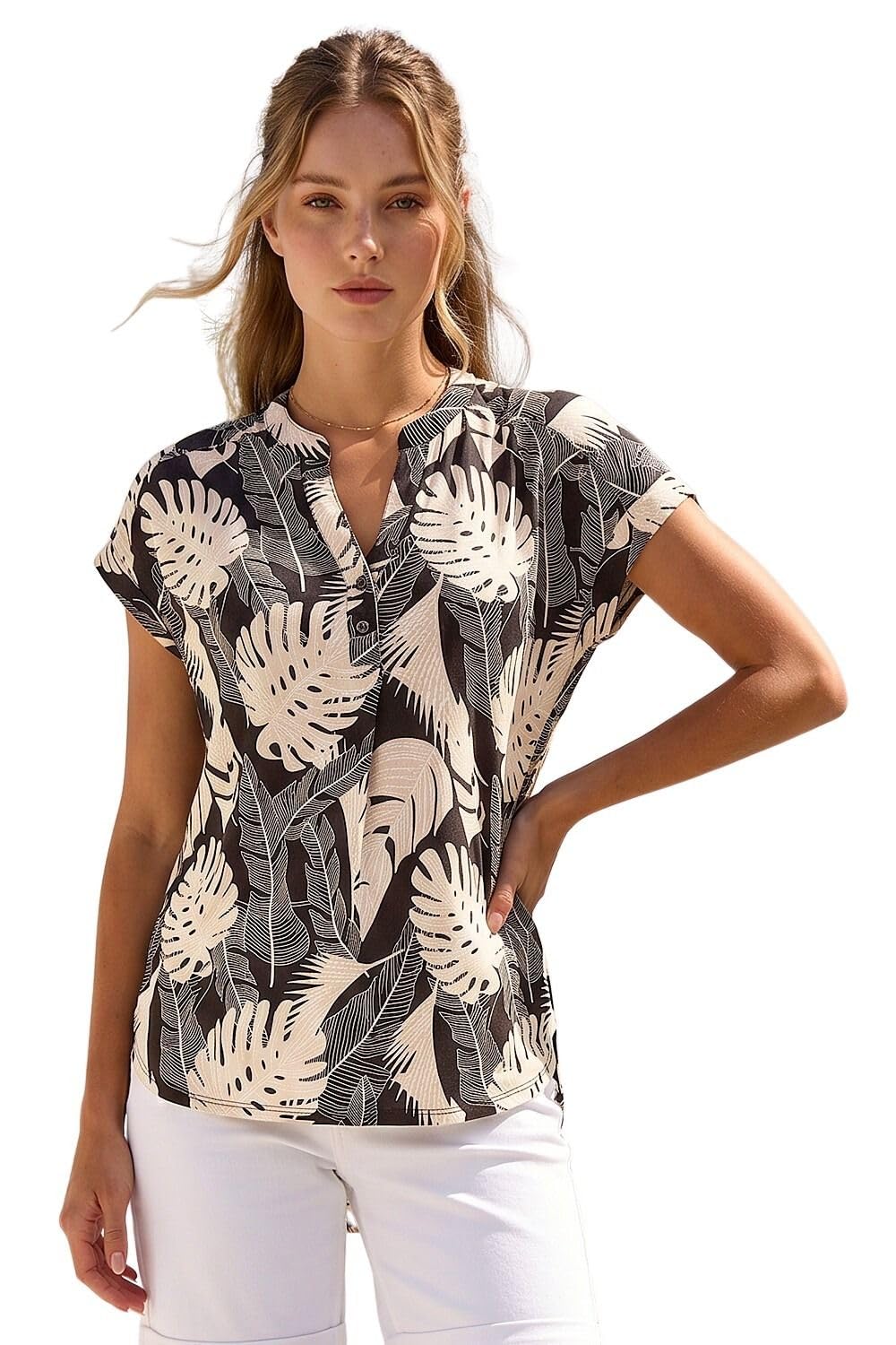 Roman Women's Stone Textured Leaf Print V-Neck Stretch Top In | Size: 18