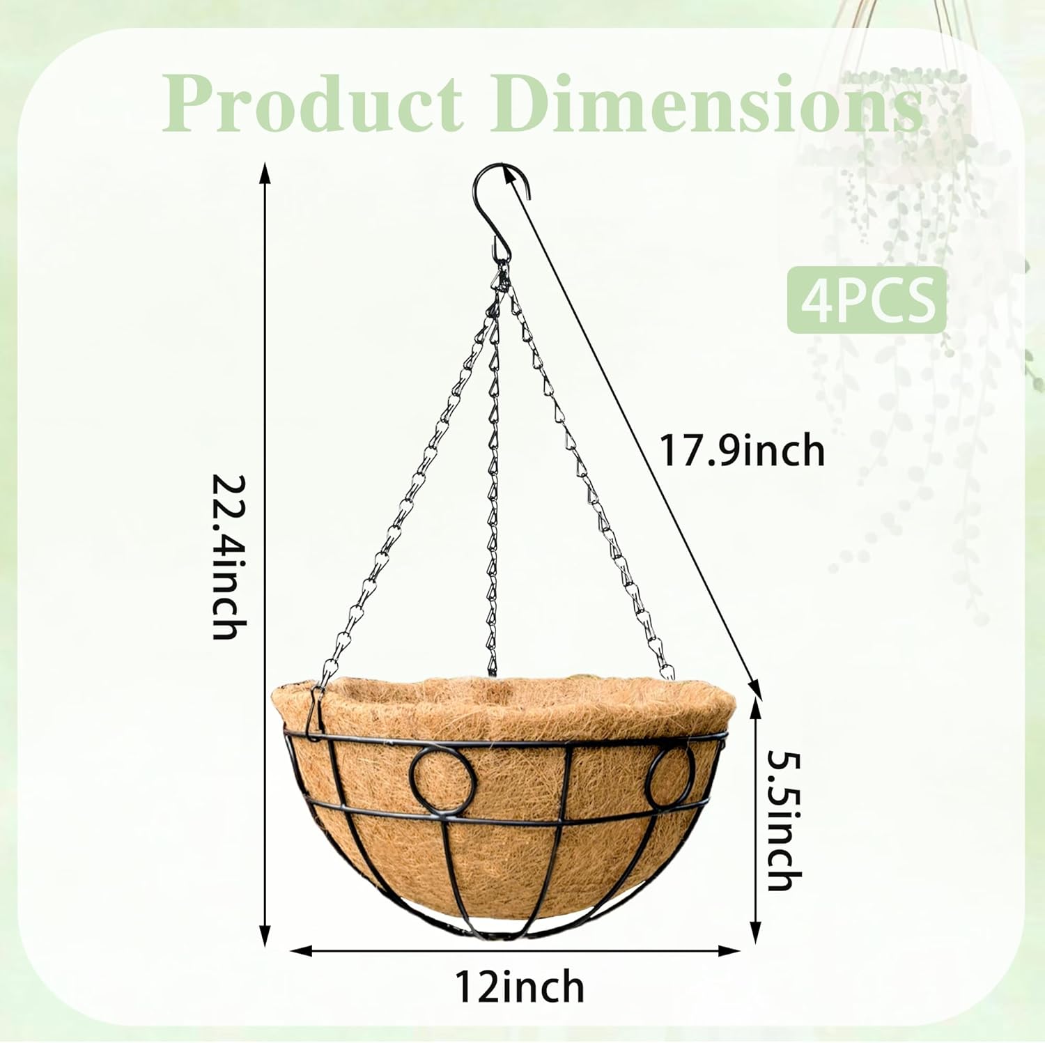 Outdoor Hanging Planter(4-Pack) Black Metal Hanging Baskets with Coconut Fiber Lining 12 inch Round Chain Flower Pots for Patio Garden Greenery Decoration