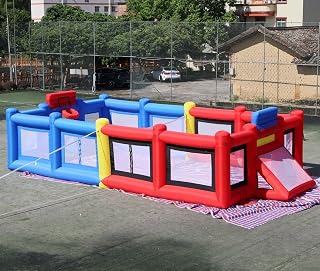 Blue+Red Inflatable Sports Court Inflatable Soccer Field & Basketball Hoop & Volleyball Field 3 in 1 Multiple Sport Game with Blower for Birthday/School Playground/Family/Team Games
