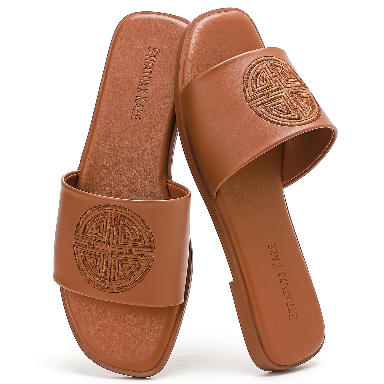 Stratuxx Kaze Sandalen Damen Sommer Bequem Pantoletten mit Niedrigem Absatz Leder Slides Elegante Flache Sandalen
