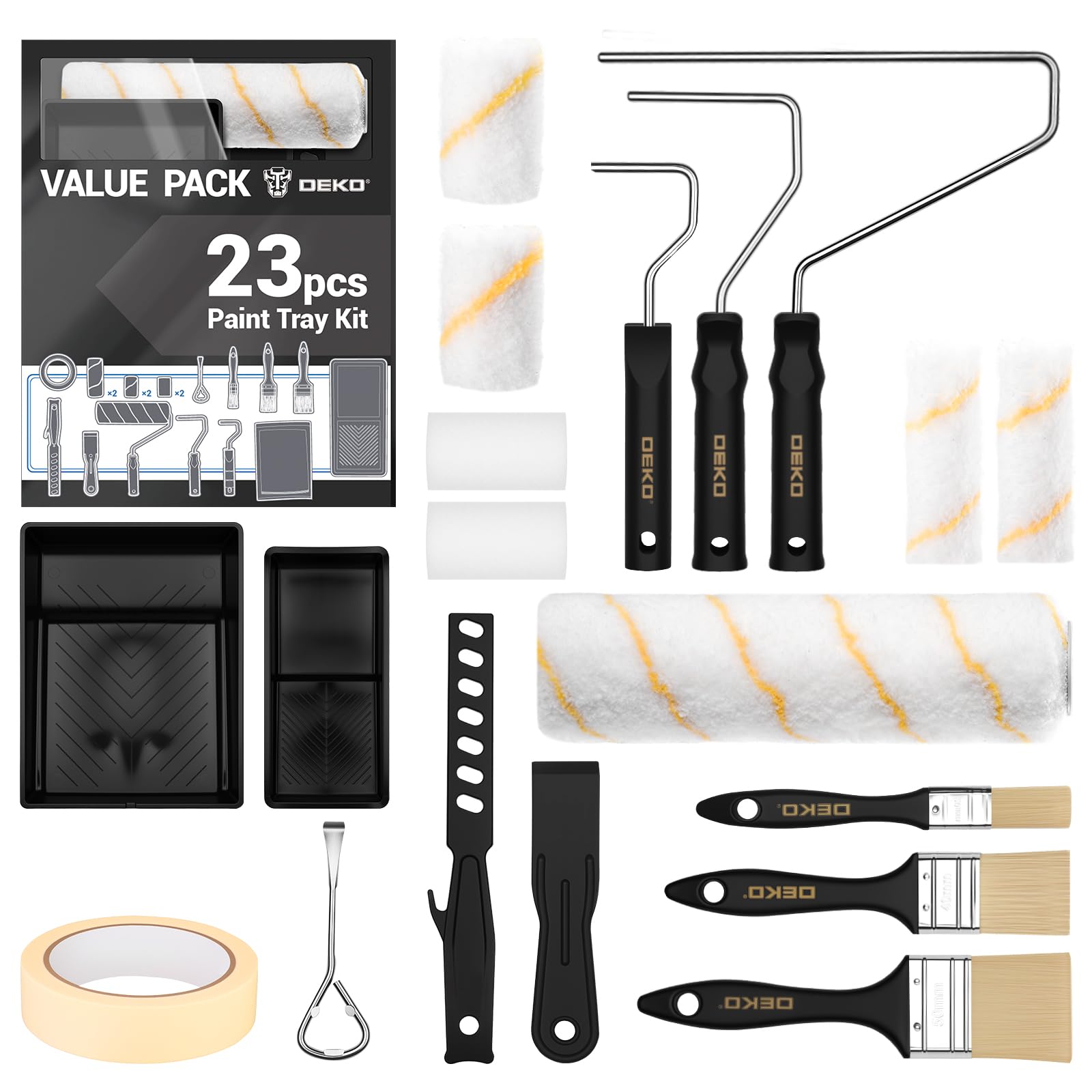 DEKO Paint Roller Set, 23-Pieces Paint Rollers and Trays Sets, Professional Roller Sets for Painting Walls, Garden Fencing, Edges and Home Painting