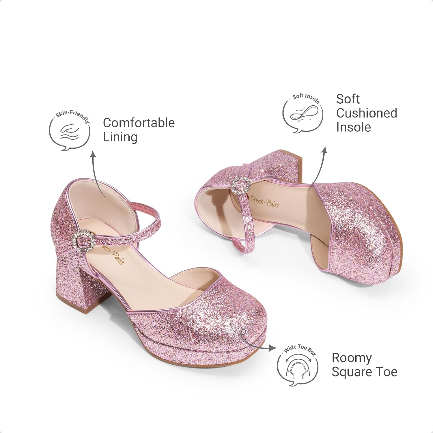 DREAM PAIRS Girls Dress Shoes Platform Square Toe High Heels Ankle Strap Party Wedding Flower Pump for Little Big Kid