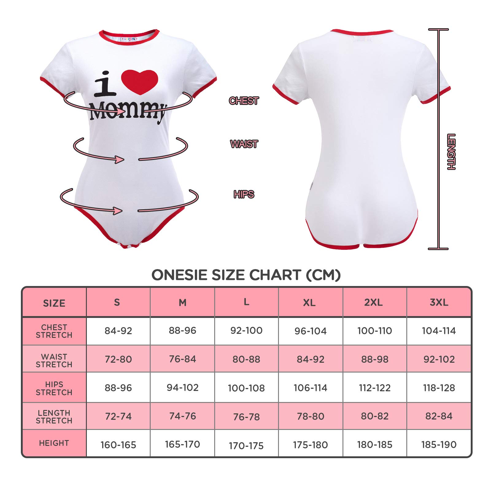 LittleForBig Dorośli Baby miłośnik pieluszek(ABDL) zatrzas w komkroku jednoczęściowy śpioszki-I Love Mommy