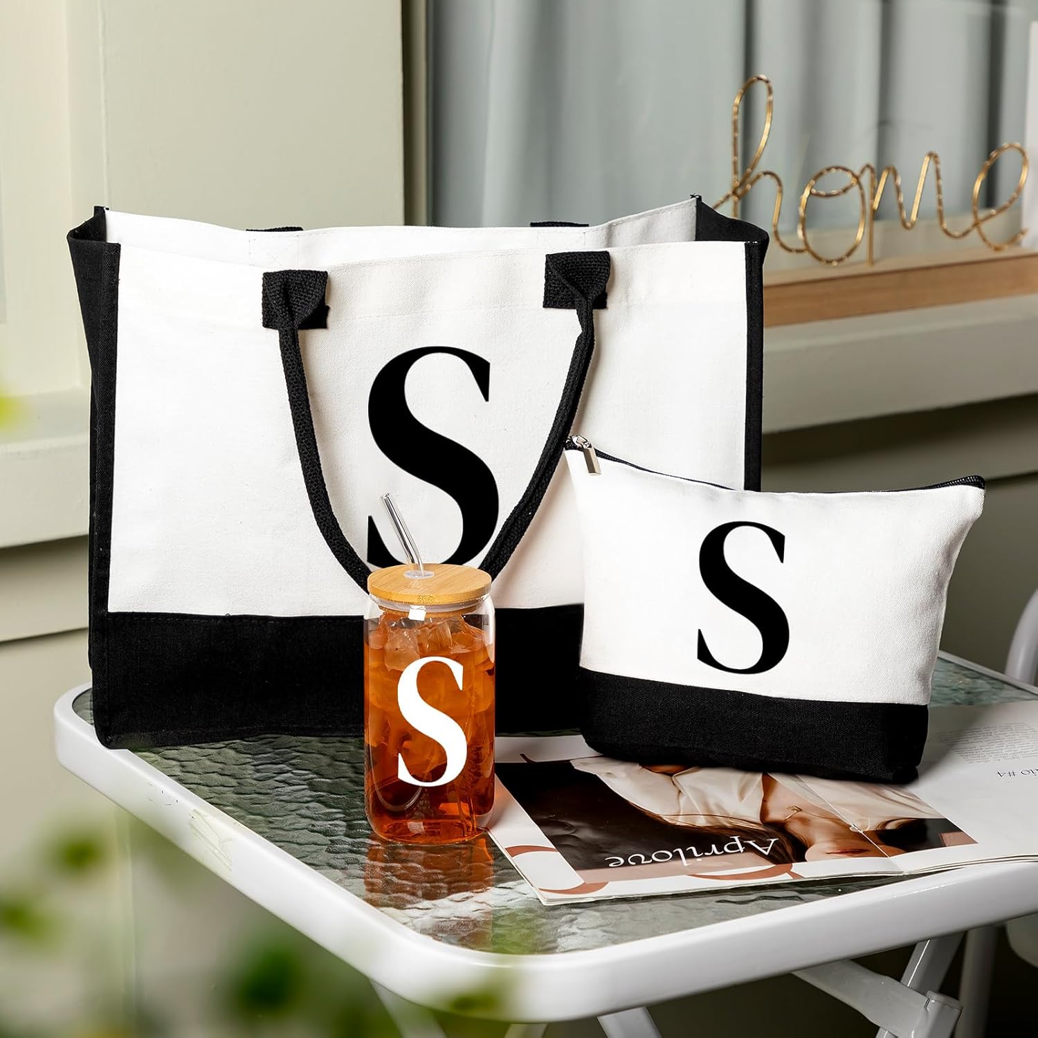 Aliceset Initial Gifts for Women Monogram Canvas Tote Bag and Makeup with Zipper and Initial Glass Coffee Cup Gifts for Her - Image 2