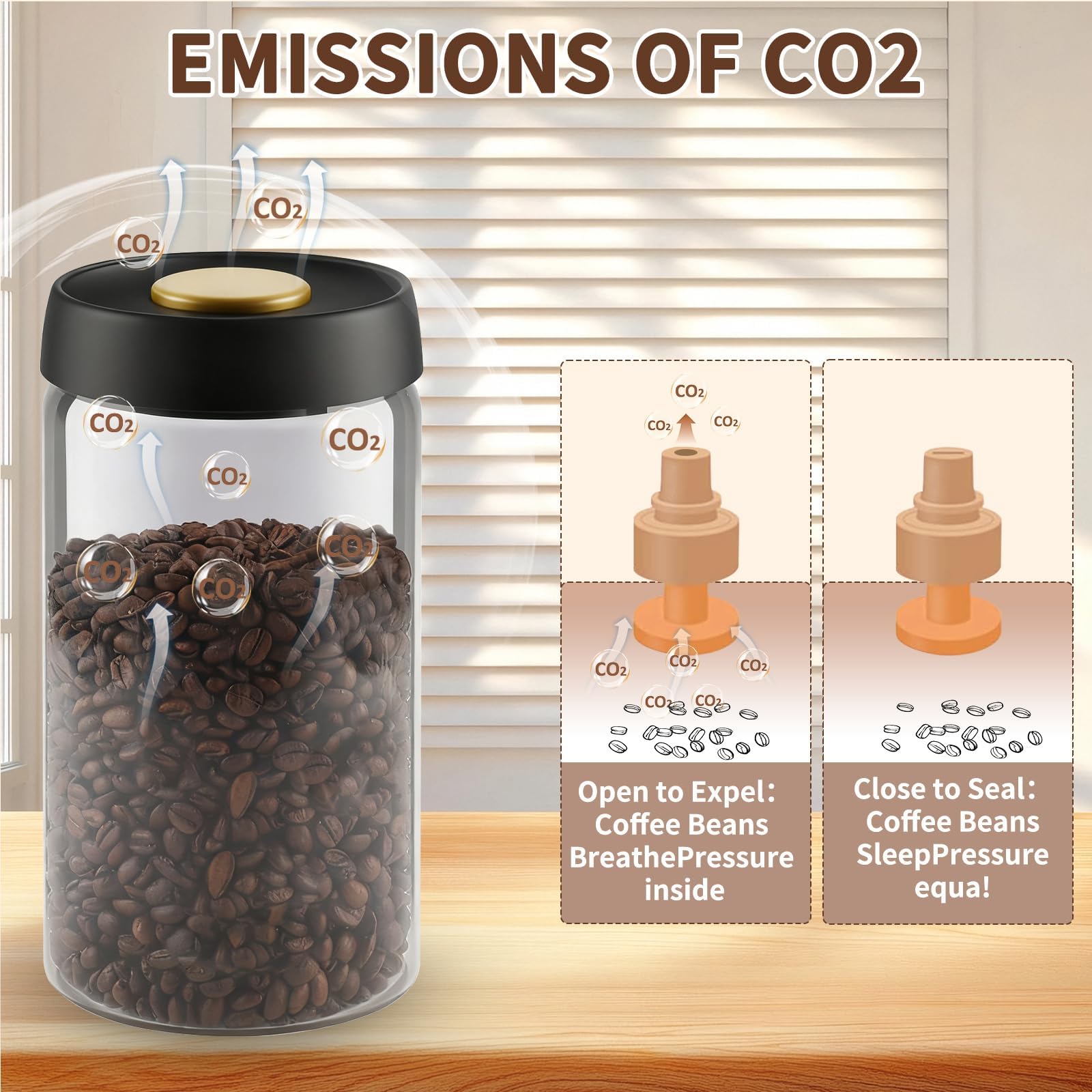 Bote Hermetico para Cafa en Grano 1,8 L, Recipiente de Vidrio con Tapa Negra y Boton Dorado de Vacio, Recipiente Café para Guardar Como Lata Aromática, Café, Té, Nueces y Reservas — view 4